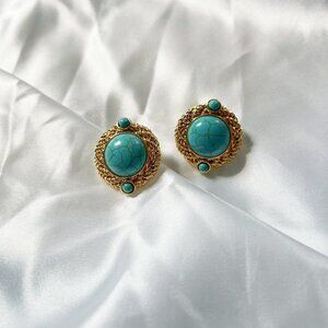 Beautiful Vintage French Designer stud Earrings Turquoise stone Zircon women